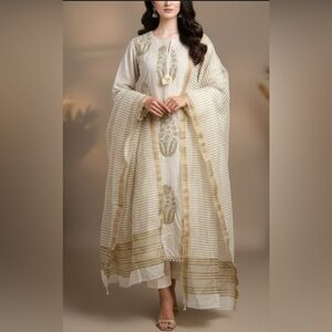 Khaadi 3-Piece Pakistani Suit | Embroidered White/Gold | Size 8 (S)